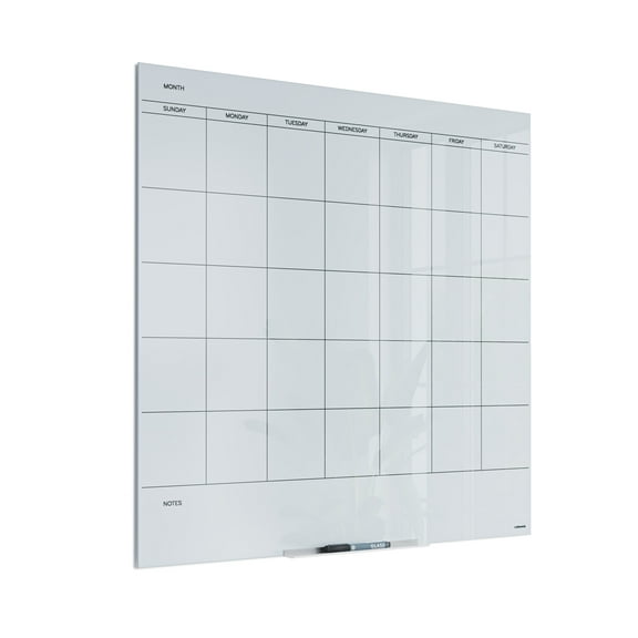 U Brands Floating Glass Dry-Erase Monthly Calendar Board, 36 x 36 inches, White Frosted Surface, Frameless (2910U00-01)