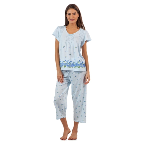 Casual Nights Women's Short Sleeve Floral Border Capri Pajama Set