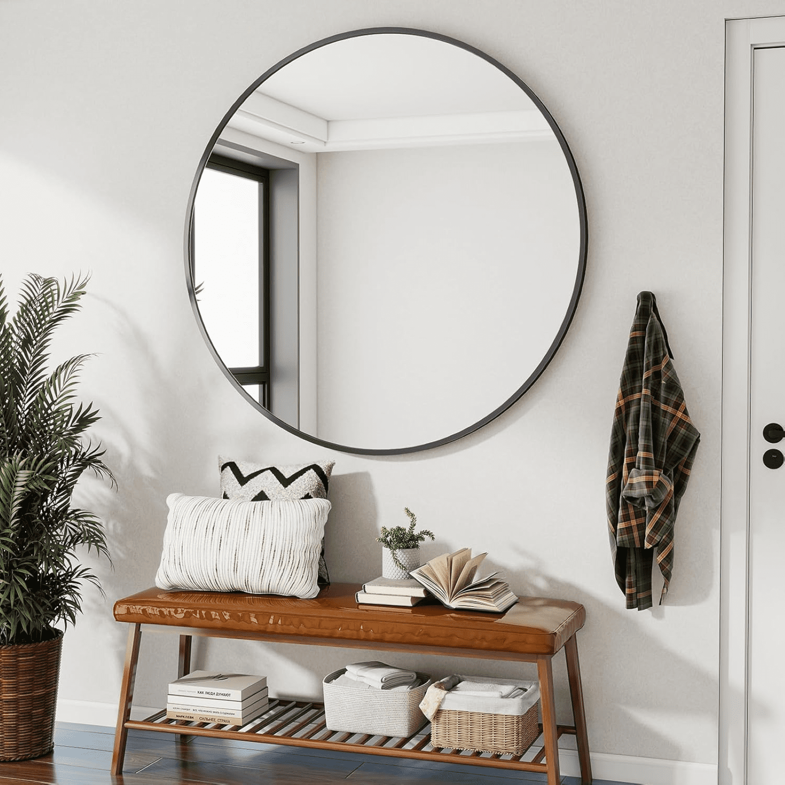 AUROMIR 42" Round Wall Mirror Bathroom Vanity Mirror Aluminum Alloy Frame,Black