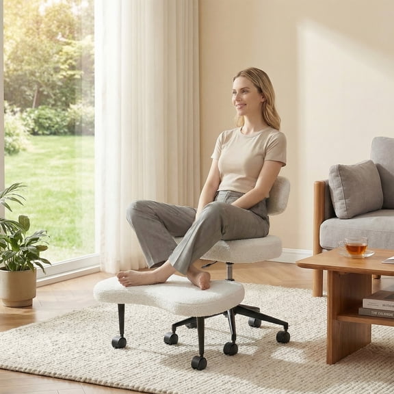 edx Ergonomic Cross Legged Swivel Chair with Back Support, Adjustable Height Meditation Chair, 360° Rotating Footrest, Rolling Office Floor Chair, White
