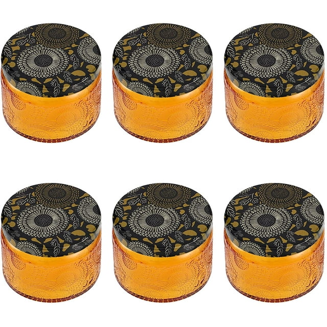 6 Pcs Embossed Glass Candle Container with Lid Round Candle Making Mason Jars Tealight Cups Holders Candle Containers Mold for DIY Candle Making Supplies Tool Amber