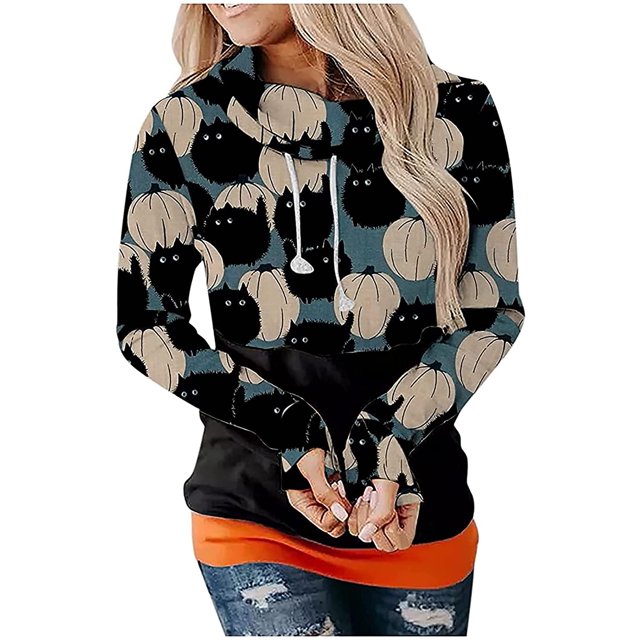 Chandail en Molleton Chat Citrouille Pull Col Rond Halloween pour Femmes Manches Longues Décontracté Ample