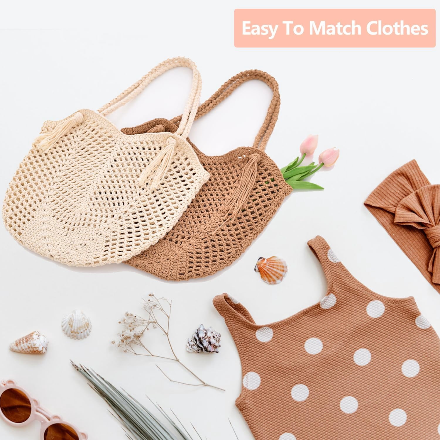 Crochet Beach Tote Bag For Women 2025 Bohemian Shoulder Bag Purse With Leak-Proof Lining for Summer Vacation Travel