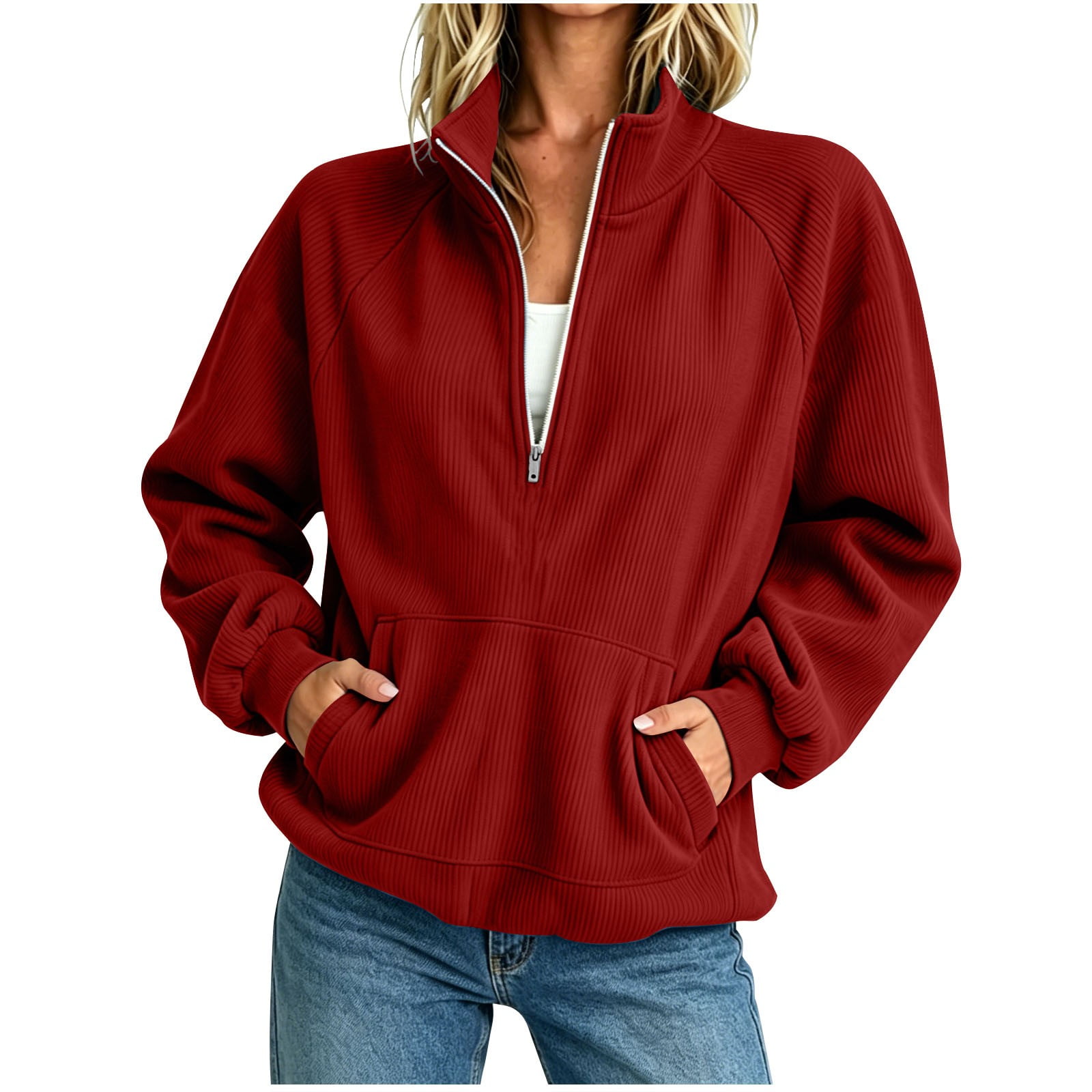 Vrorvz Corduroy Sweatshirt Women Quarter Zip Long Sleeve Top Oversized Casual Trendy Pullover Sweatshirts with Pocket