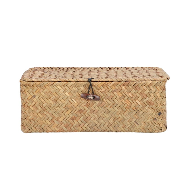YUMILI Panier de Rangement en jonc de mer, Panier de Rangement en jonc de mer rectangulaire tissé Naturel étagère Panier bacs avec couvercles Organisateur de Bureau(M)