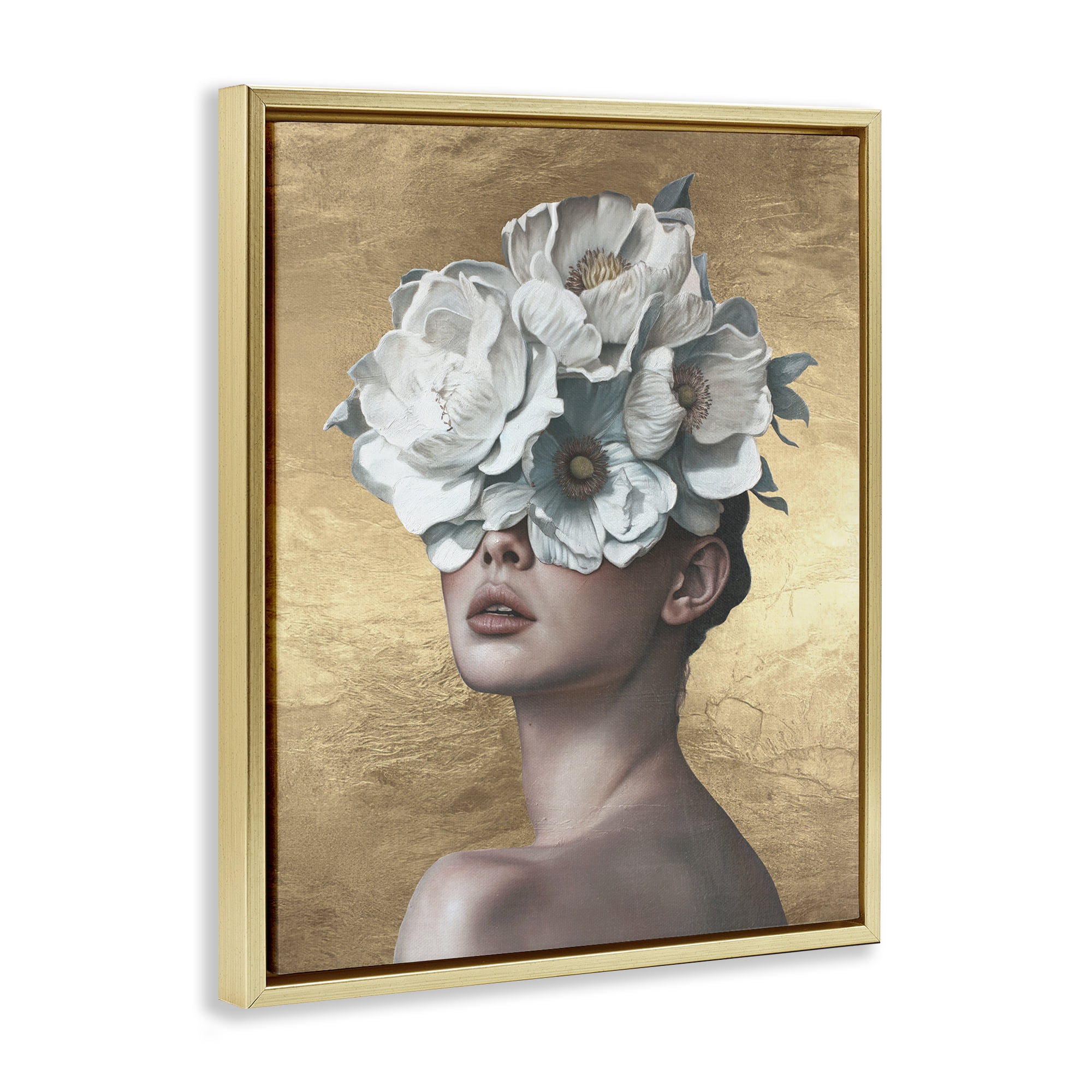 Stupell Industries Flower Lady on Gold People Painting Gold Floater Framed Canvas Art Print Wall Art, 25 x 31
