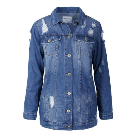 MixMatchy Women's Vintage Distressed Medium Wash Denim Jean Jacket Medium Denim M