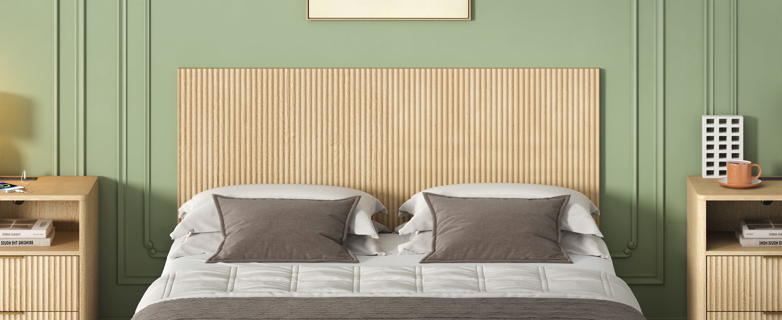 Modern Wavy Wooden Headboard 60.8 Inch for Queen Bed, Vertical Wood Grain Design with Easy Wall-Hanging Assembly, Bohemian Style, Easy Install, Oak