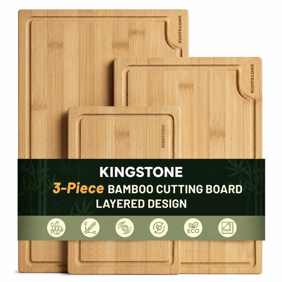 KINGSTONE 3-Piece Bamboo Cutting Board Set, Wooden Kitchen Chopping Boards with Juice Groove for Meat, Fruit & Vegetables