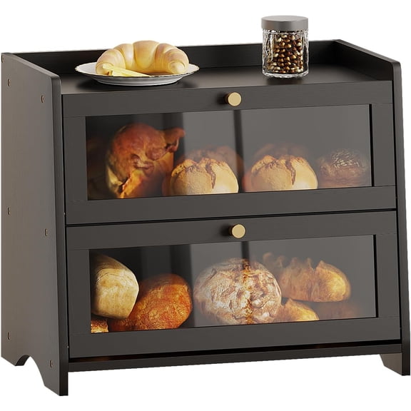 Bread Box for Kitchen Countertop, Extra Large Bamboo Bread Storage Container for Homemade Bread, Double Layer Breadox, Bread Bin Organizer for Counter Cabinet Pantry, Black