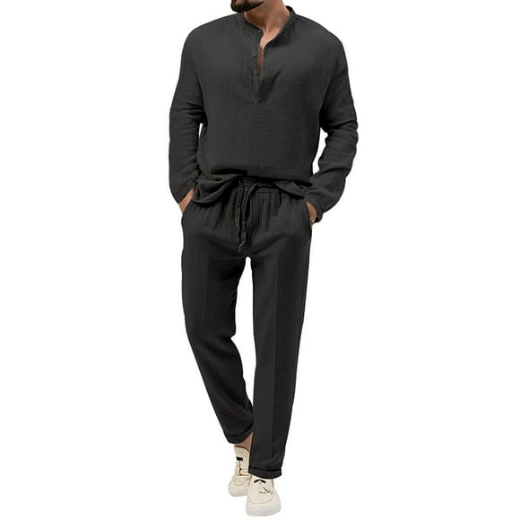 JHLZHS Mens Outfit for Wedding Guest Men's Fashion Casual Solid Color V Neck Long Sleeve T Shirt and Loose Tracksuit 2 Piece Set Workout Clothes for Men Shirts Gym Clothes for Men Pants