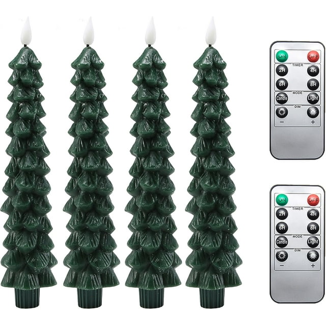 Fo32won Christmas Tree Shaped Flameless Candlesticks Battery Operated with Remote and Timer, Set of 4 Real Wax LED Taper Candles with 3D Flickering Wick for Christmas Decoration Gift