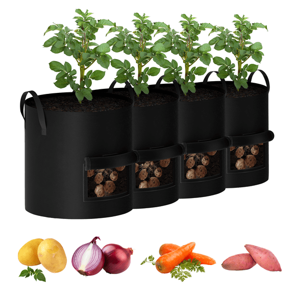 4-Pack 10 Gallon Grow Bags Heavy Duty Thickened Nonwoven Fabric Pots with Durable Handles, Black