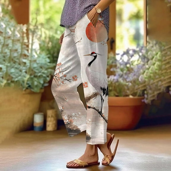 Casual Women's Trousers Summer Linen Pants For Women Wide Leg Boho Pants Loose Palazzo Pants Floral Pants With And Pockets,Beige Women's Casual Pants XXXL