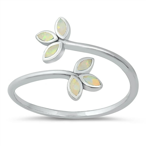 White Simulated Opal Double Adjustable Leaf Ring Sterling Silver Size 8