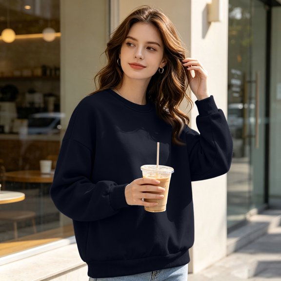 Dwellite Sweatshirt for Women Long Sleeve Crewneck Fall Top with Pocket Cute Winter Loose Fit Shirt Black M