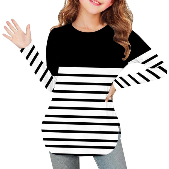 YUNAFFT Girls Striped Long Sleeve Round Neck T-Shirt with Side Slit Hem Soft Stretch Casual Top 4-14Y