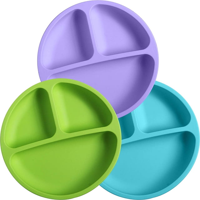 Platos de silicona para niños pequeños, platos divididos para bebés, no tóxicos, sin BPA, aptos para lavavajillas y microondas, platos de silicona antideslizantes e irrompibles para niños con