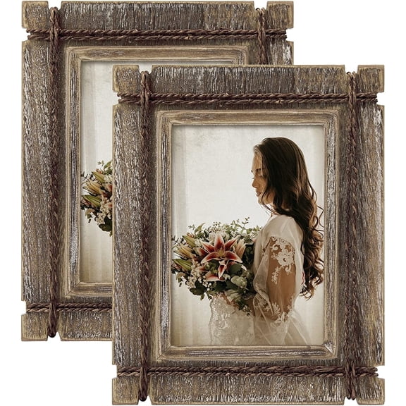 Afuly Rustic Picture Frames 5x7 Wooden Picture Frame Set of 2, Barnwood Distressed Western Vintage Photo Frames with Real Glass, Wall & Tabletop Display, Housewarming Wedding Gifts