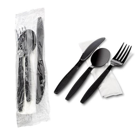 MT Products Individually Wrapped Black Plastic Cutlery Set with Napkin - Pack of 50
