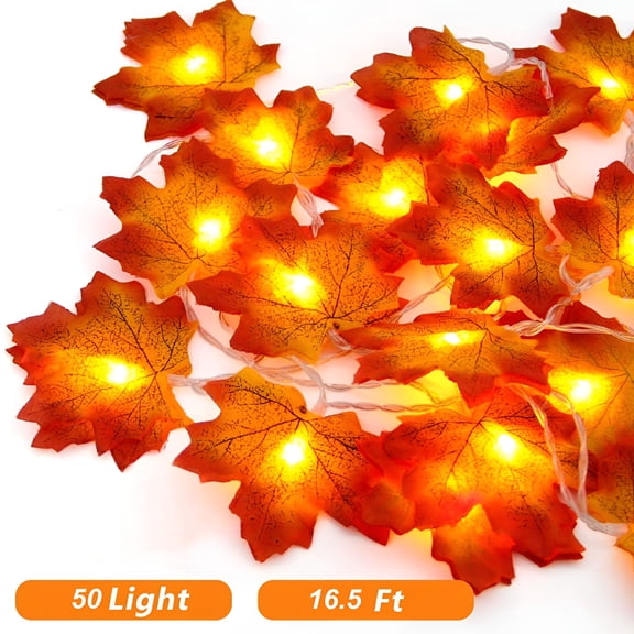 HIBIBUD 5M LED Maple Leaf String Lights with 50 LED,Battery Operated,Indoor Outdoor Fairy Lights,Fall Garland String Lights Decorative Lights