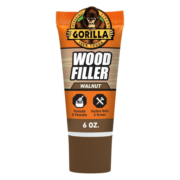 Gorilla All Purpose Wood Filler, Walnut Color, 6 Ounce Tube - Water Resistant for Indoor or Outdoor Projects and Repairs