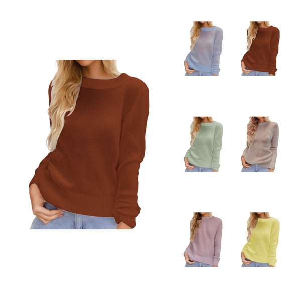 Women's Casual Knit Pullover Sweater – Soft Round Neck, Long Sleeve, Loose Fit, Lightweight Basic Top in Candy Color for Fall Winter Comfort