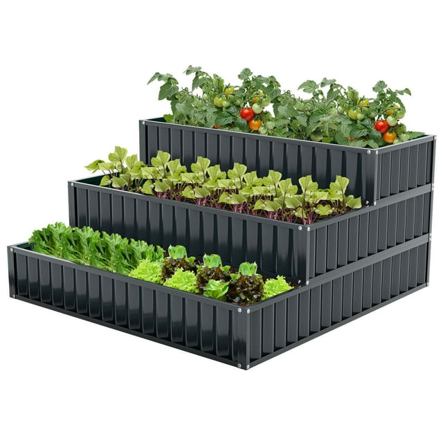 Costway 1 PCS Jardinière Surélevée à 3 Niveaux, 47 Pouces x 47 Pouces x 24 Pouces Métal Extérieur Noir