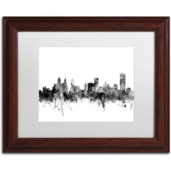 Trademark Fine Art "Buffalo New York Skyline B&W" Canvas Art by Michael Tompsett, White Matte, Wood Frame