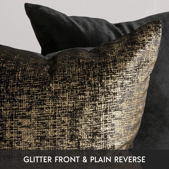 KEFENL-Pack of 2 Sparkling Velvet Geometric-Pattern Throw Decorative Pillow Cover Soft Gold Glitter Square Cushion Cover Pillowcase for Couch Bed and Chair, Black, 18 x 18 inches, 45 x 45 cm