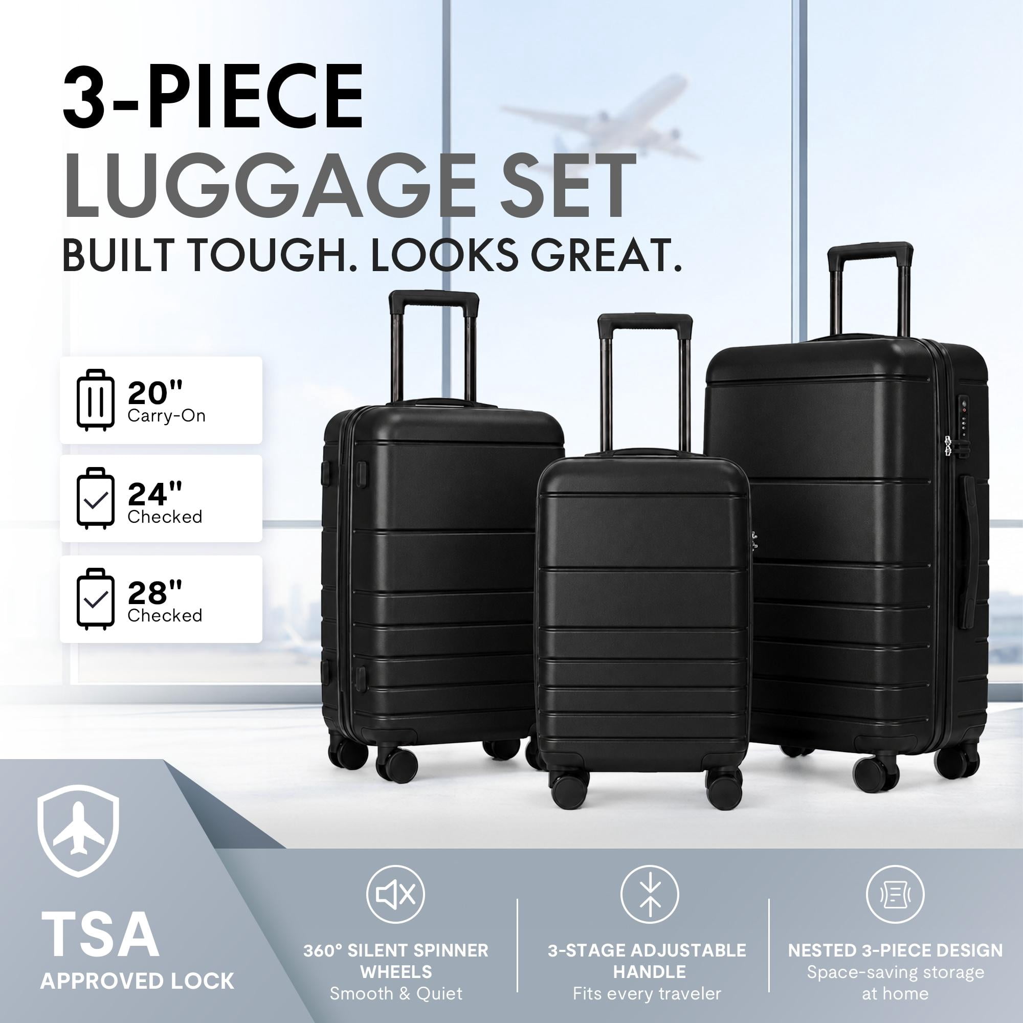 3-Piece ABS Hardshell Luggage Set, Lightweight Scratch-Resistant Suitcases with Silent Spinner Wheels & TSA Lock, Black
