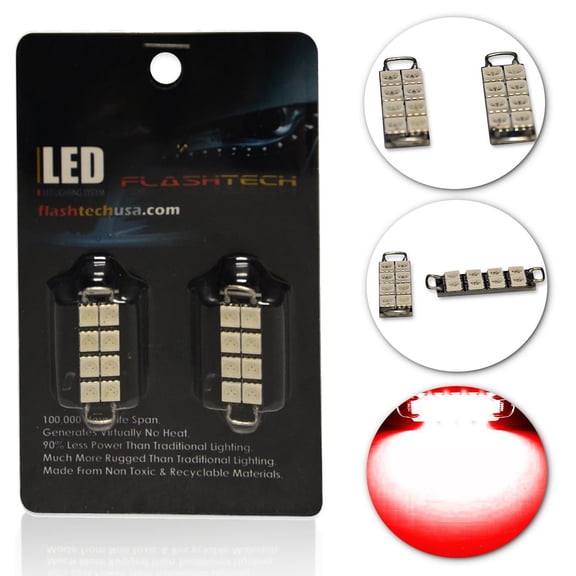 Flashtech Extremely Bright LED Bulbs for Car Interior Dome Map Door Courtesy License Plate Lights BA9S - Red, Pair