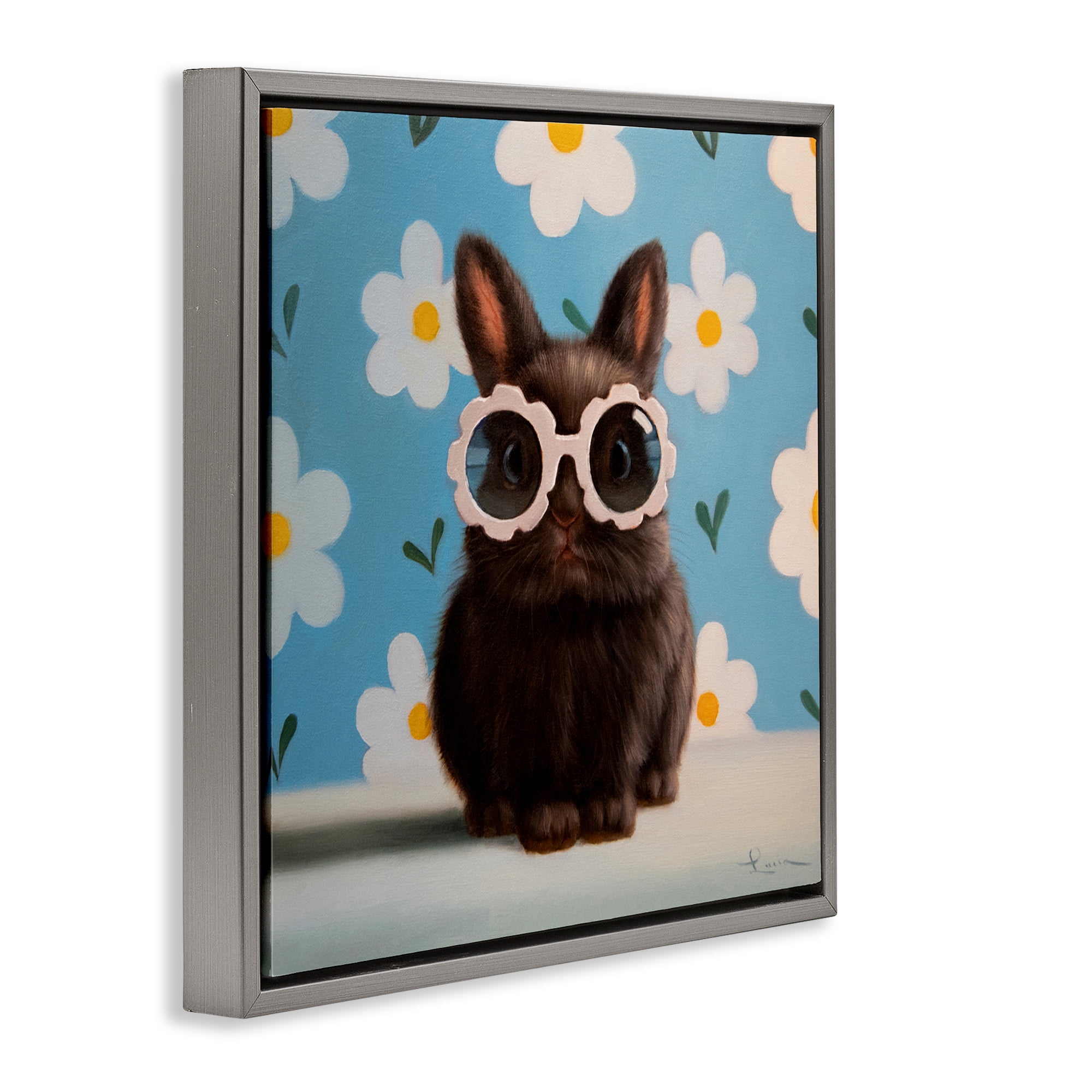 Flower Child Bunny Gray Framed Floater Canvas Wall Art, design by Lucia Heffernan