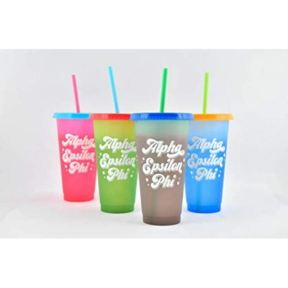 Sorority Shop Alpha Epsilon Phi Color Changing Cups - Pack of 4 Reusable Cups with Lids and Straws, Alpha Epsilon Phi Cup, Perfect Size 24 Oz Tumbler Cups, Mix and Match Lids With Cool Retro Design