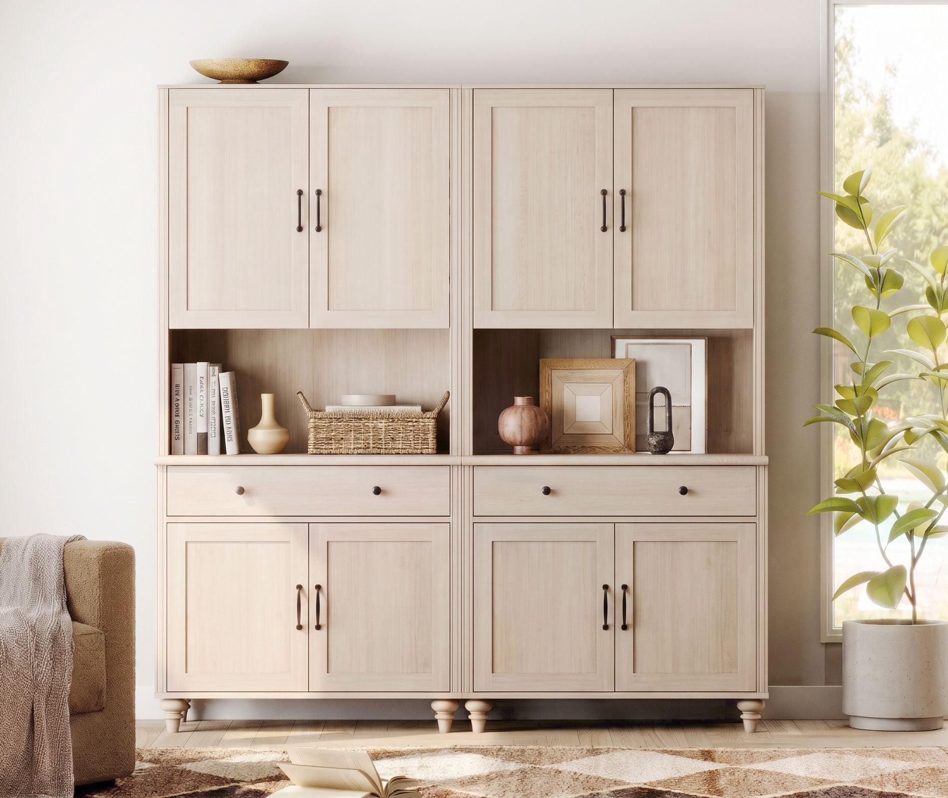 72"H × 68"W Large Farmhouse Wooden Library Bookcase with Ample Storage Cabinet, Freestanding Bookshelf for Living Room, Office & Study Room, Beige