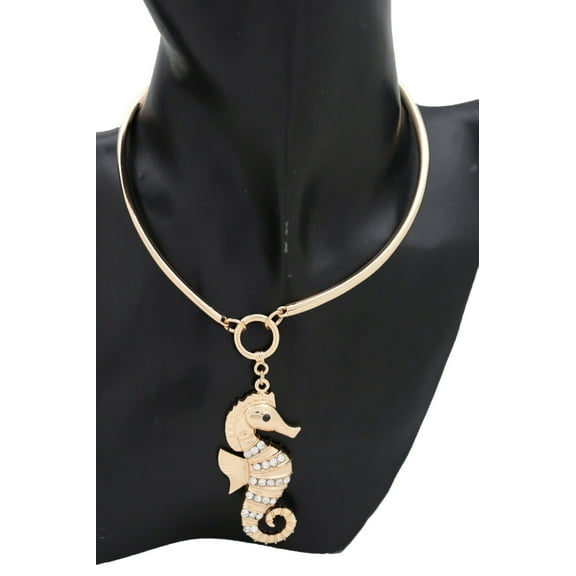 Women Necklace Gold Metal Fashion Jewelry Set Sea Horse Pendant Nautical Charm