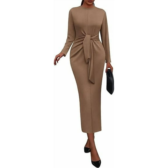 PRETTYGARDEN Women Semi Formal Midi Dresses Long Sleeve Bodycon Tie Waist Slit Wedding Guest Cocktail Fall Fashion Dress