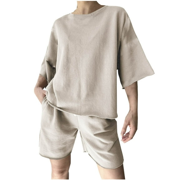 Summer Fsshion Two Piece of Outfits for Womens Plus Size Solid Color Casual Loose Fitting Drawstring Sports Hoodies Short Sleeve Round-Neck Blouses Sets