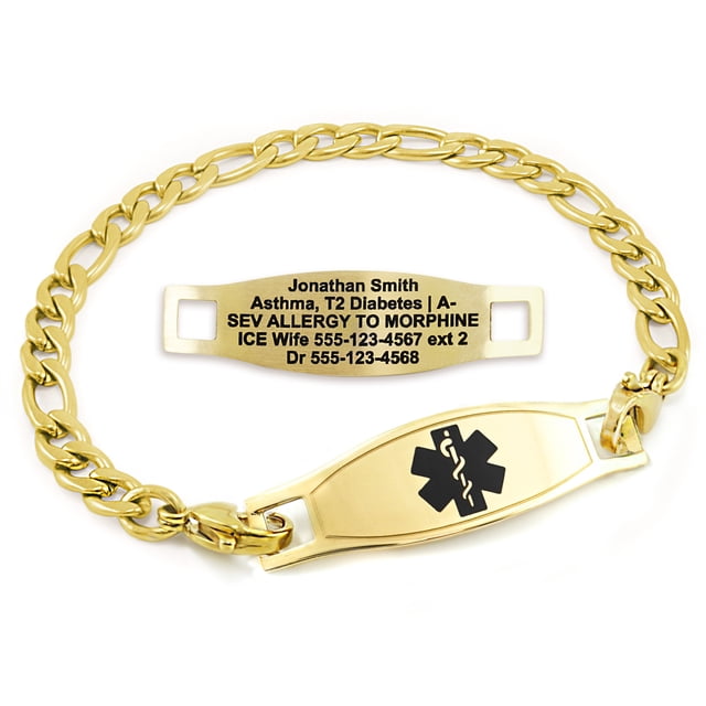 MedicEngraved Yellow Gold Stainless Steel Custom Medical Alert Bracelet - 5mm Figaro Link