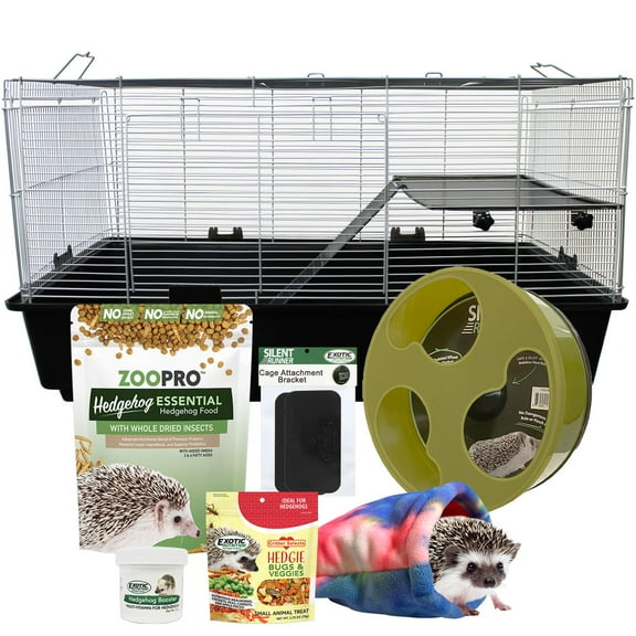 Exotic Nutrition Hedgehog Home & Starter Package - Includes Durable Cage, Exercise Wheel, Healthy Food, Natural Treat, Multi-Vitamin & Hideout