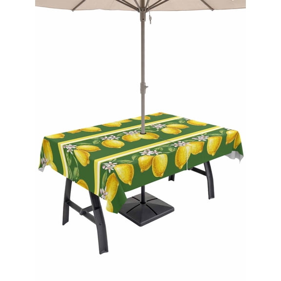 Outdoor Tablecloth with Umbrella Hole for Patio/Picnic/Party/Camping, Lemon Summer Waterproof Table Cloth Rectangle Table Cover Washable, Watercolor Fruits Green Yellow Stripes (60"x 102")