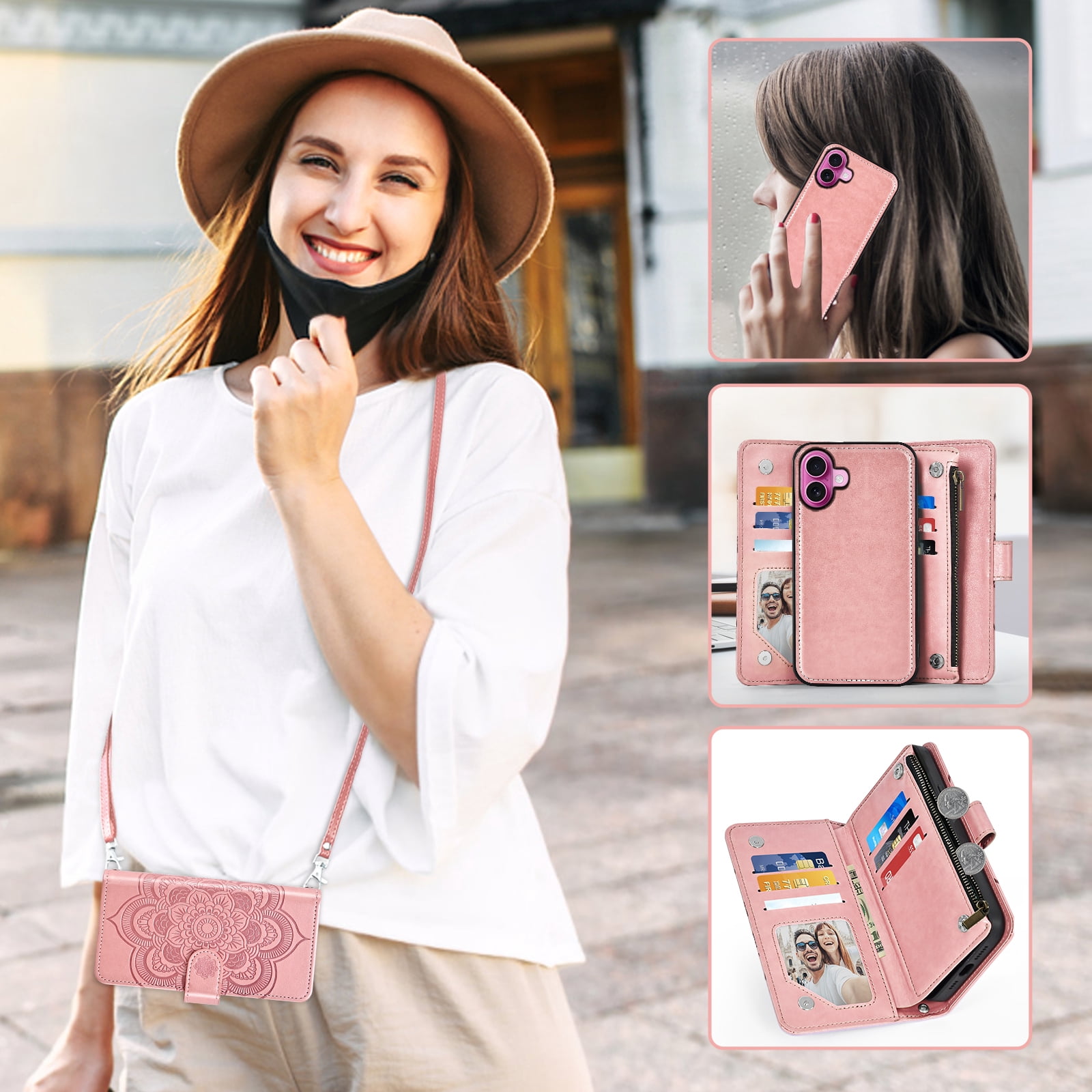 Phone Case for iPhone 16 Plus 6.7 inch Zipper Wallet Magnetic Detachable Cell Cover with Tempered Glass Screen Protector Crossbody Strap Flower Card Holder Slot i Phone16 16+ i16 16Plus Women Pink