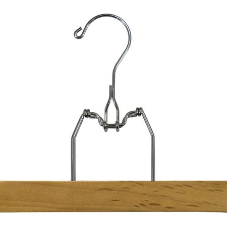 Snap Lock Rod Hangers - Wooden Clamp Pant Hanger, Easy Snap Lock with Felt Grips, Box of 12 Wood Bottom Hangers w/ Natural Finish and Chrome Swivel Hook by International Hanger