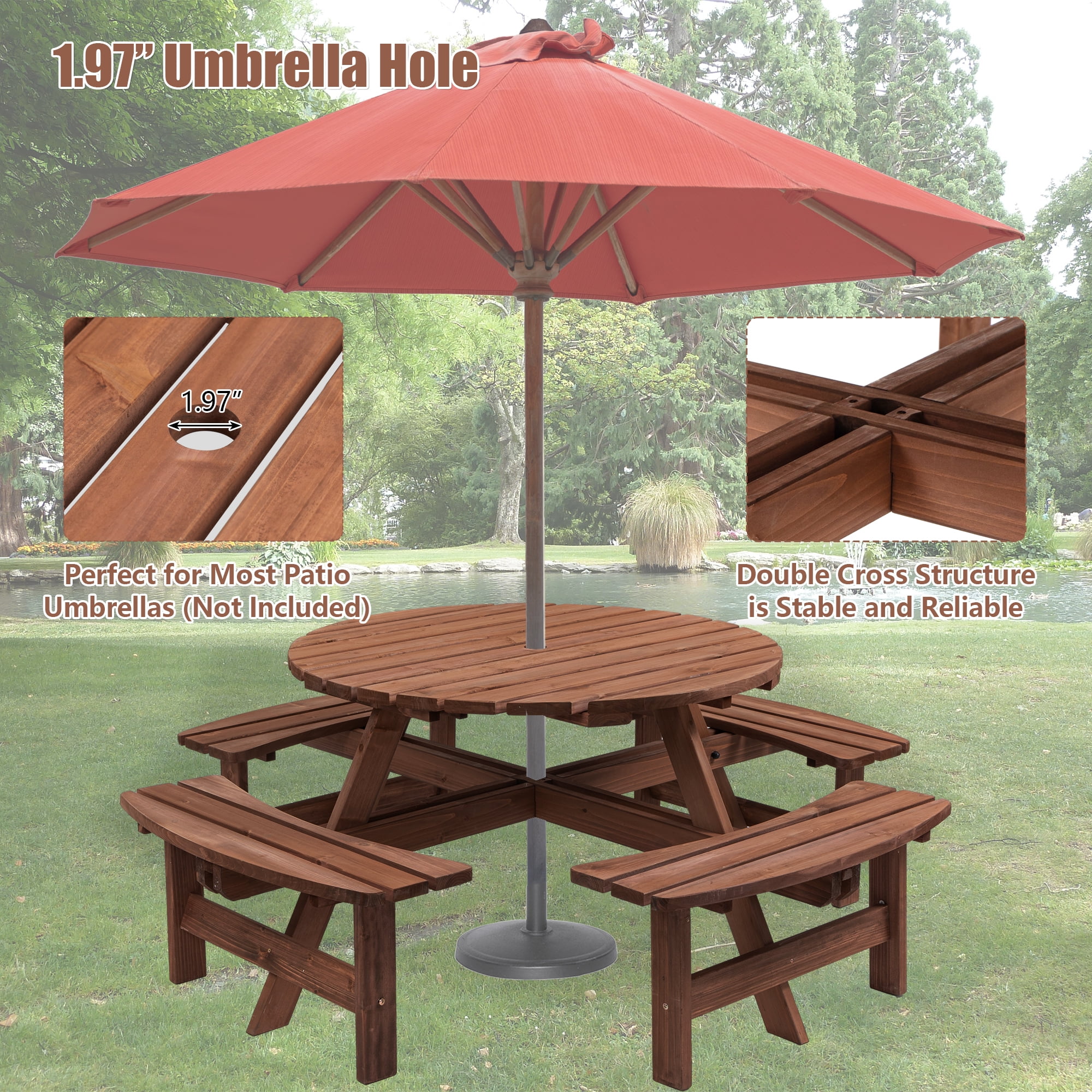 8‑Person Natural Fir Wood Round Picnic Table with 4 Built‑in Curved Benches, 2220lb Total Capacity Outdoor Dining Set with 2” Umbrella Hole for Garden Backyard Camping