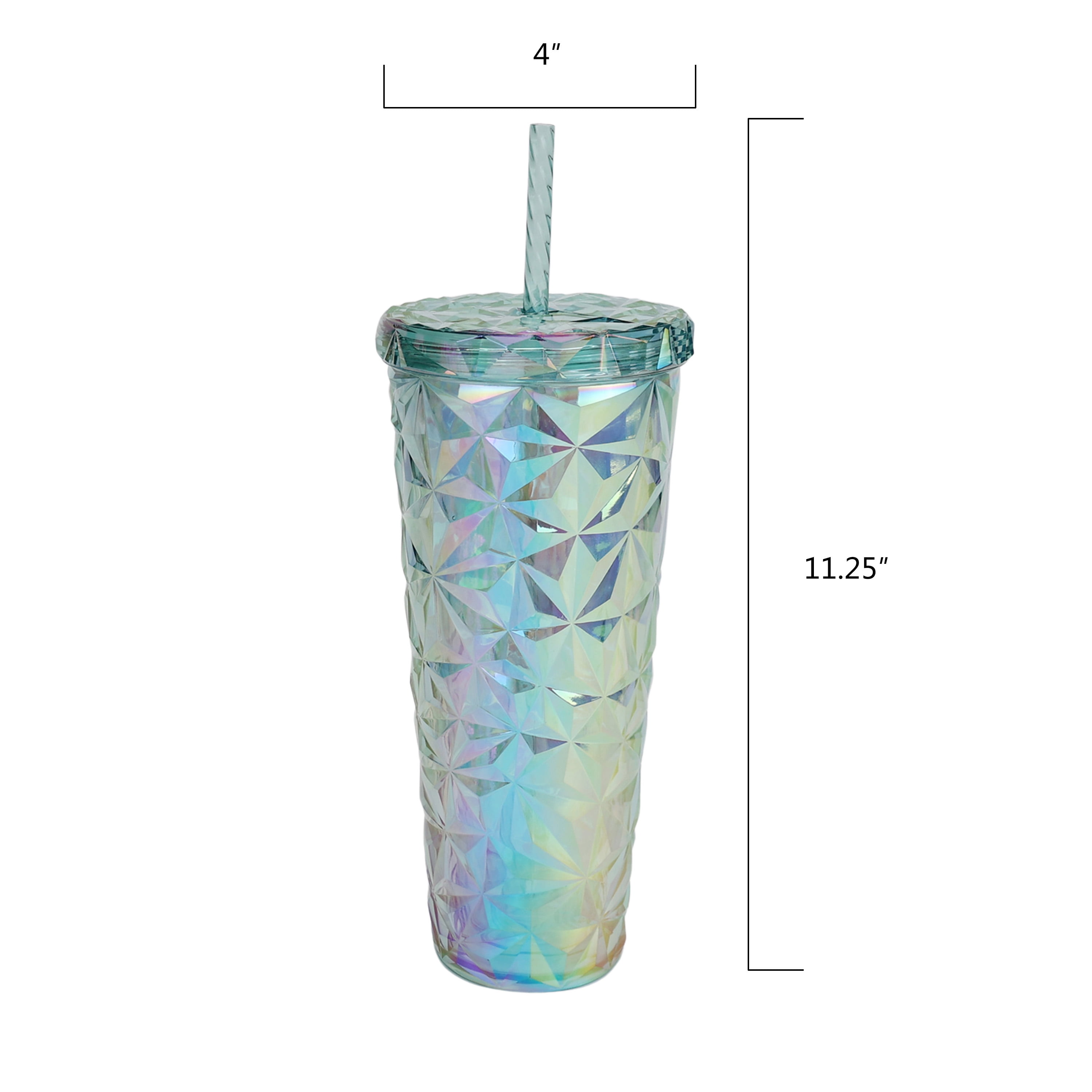 Holiday Time 26 oz Plastic Double Wall Insulated Prismatic Textured Tumbler with Straw, Blue Iridescent