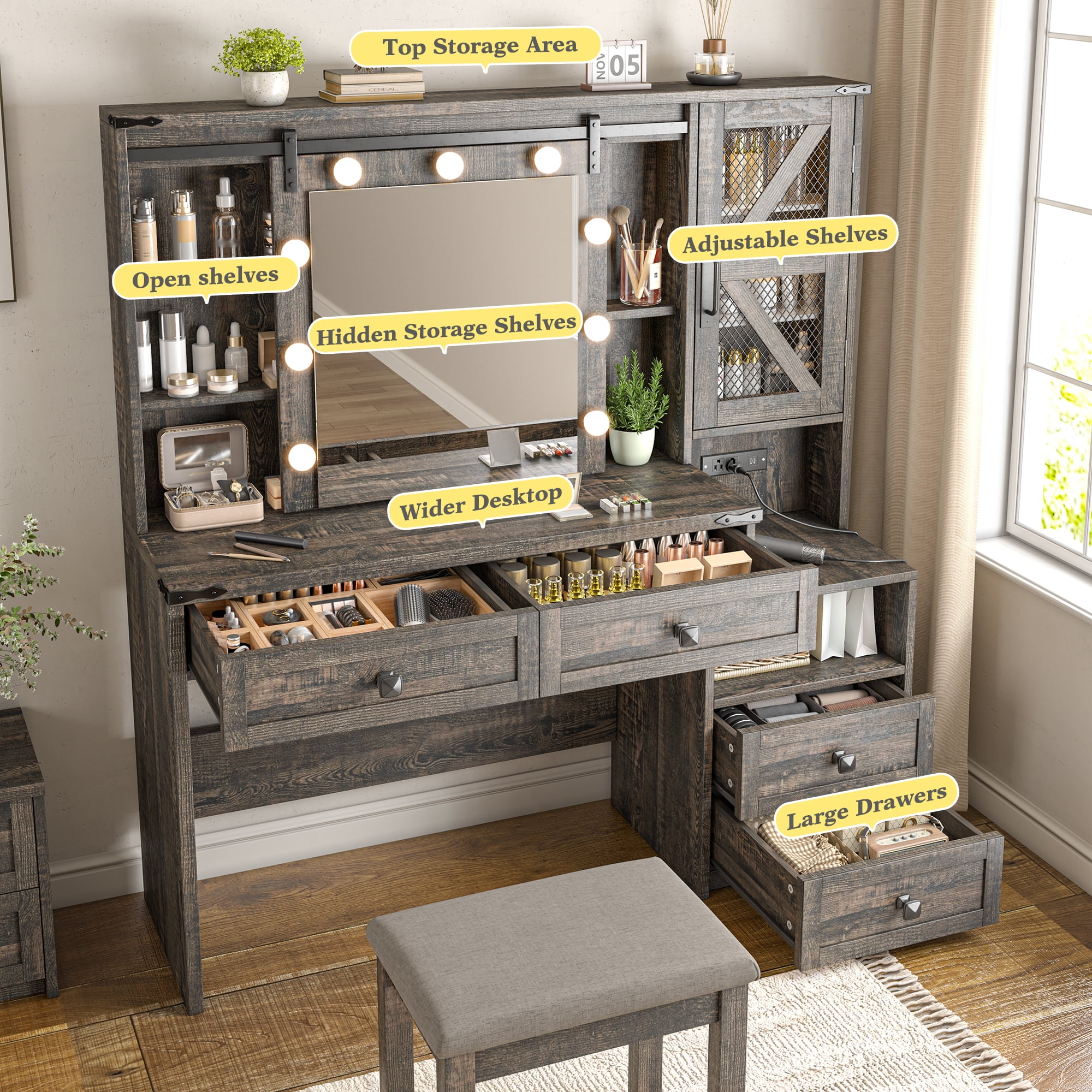 Vanity Set with Mirror and Lights Vanity Desk with 4 Wooden Drawers & 3-Tier Storage Shelf & Charge Station Farmhouse Vanity Dressing Table for Girl, Stool Not Included, Dark Rustic Oak
