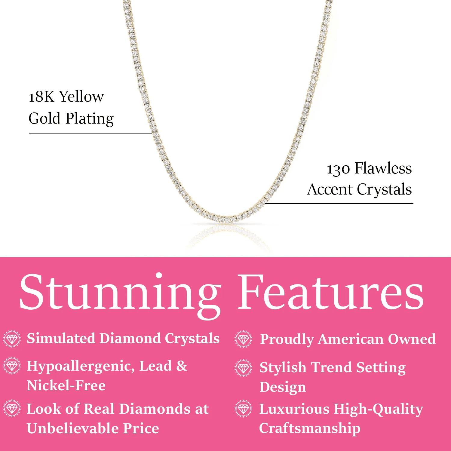 Cate & Chloe Kaylee 18k Yellow Gold Plated Tennis Necklace with Simulated Crystals Gift for Women