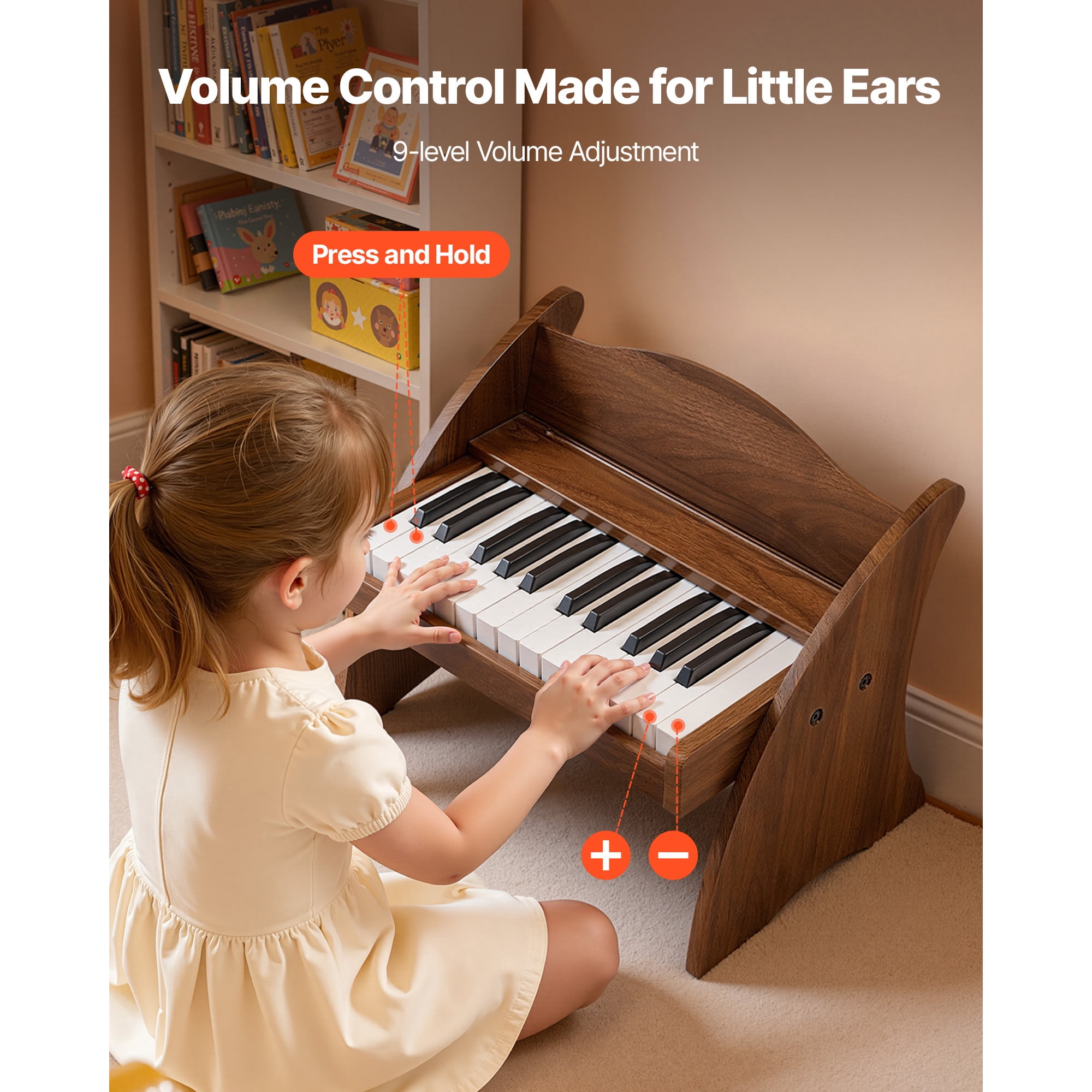 KFFKFF 25-Key Wooden Digital Piano for Kids, Mini Educational Music Instrument with Realistic Sound, Dual Power Options, Adjustable Volume, Ideal for Toddlers and Children, Walnut Finish