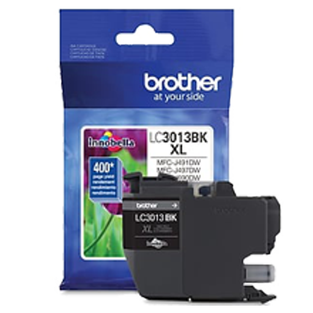 Neuf Original BROTHER LC3013BKS Cartouche d'Encre / Jet d'Encre à Rendement Élevé Noire Montrée dans Son Emballage à Côté de la Cartouche d'Encre Noire. Compatible avec les Imprimantes BROTHER MFC-J491DW, MFC-J497DW, MFC-J690DW et MFC-J895DW. l'Emballage Met en Valeur le logo INNOBELA et un Rendement de 400 Pages.