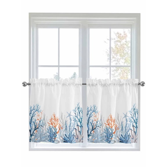 Half Window Curtain 36 Inches Long, Coastal Coral Window Treatment Curtain Drapes, Blue Ocean Starfish Seagrass Watercolor Small Tier Curtains for Bathroom Over Sink, 27.5"x36", 2 Panels